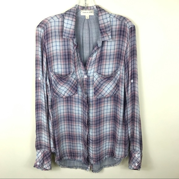 Cloth & Stone Plaid Pink Shirt Raw Hem - Picture 3 of 8